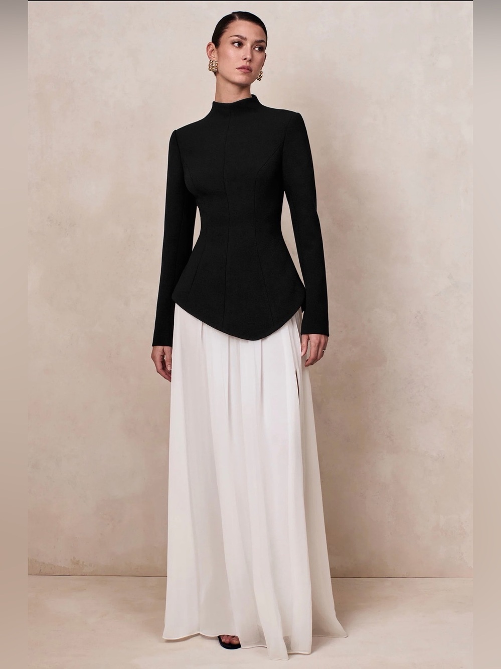 Halma | Black & White High-Neck Maxi Dress With Drop-Waist